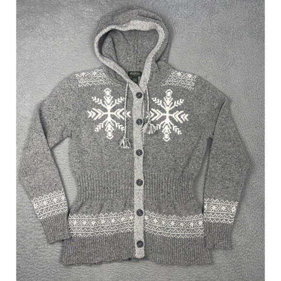 Eddie Bauer Women's Gray Wool-Blend Hooded Cardigan White Snowflake Fair Isle XL - Picture 1 of 7